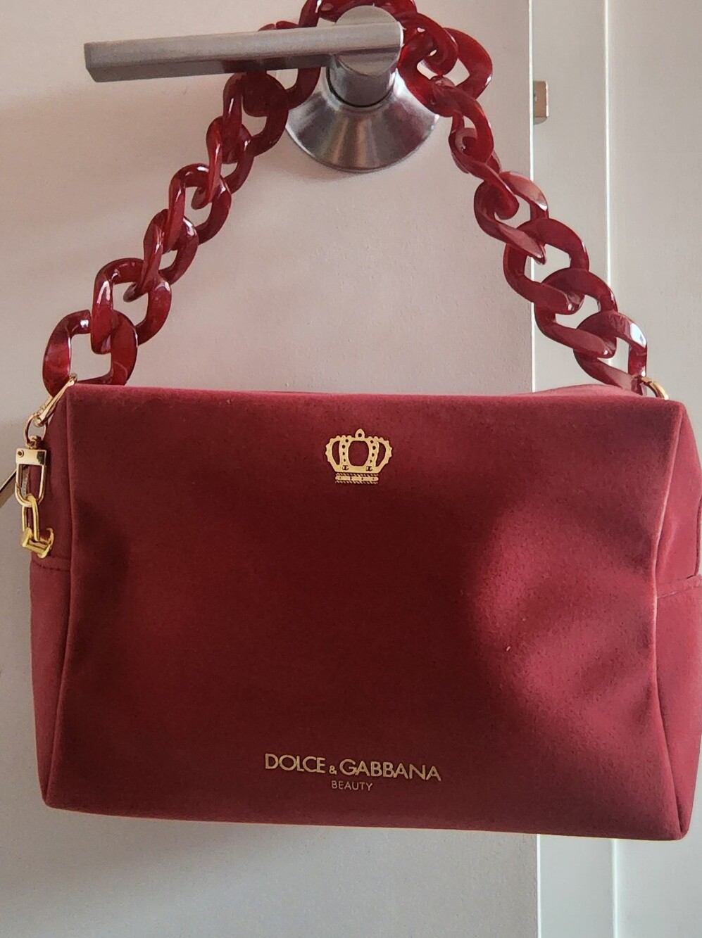 Dolce & Gabbana Q Burgundy Velvet Bag Zippered Pouch With Chunky Acrylic Strap